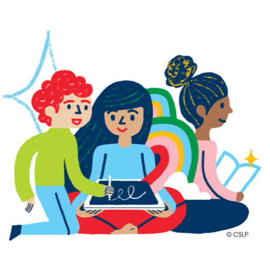Three colorful children on the floor reading together.