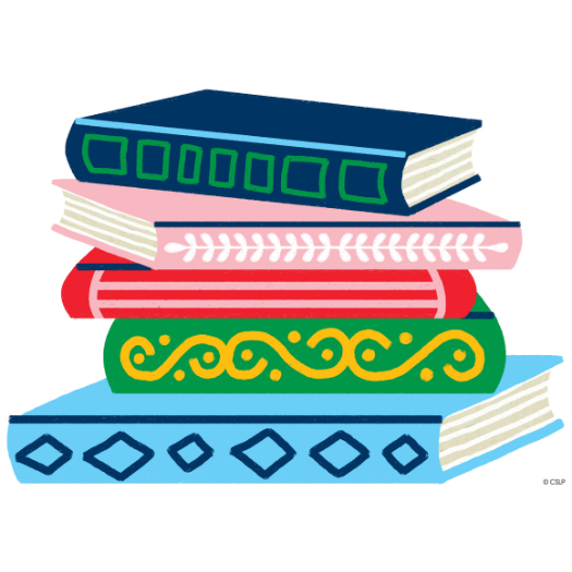 Colorful stack of books with patterns of triangles, rectangles and swirls on the bindings.