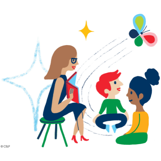 Young children being read to by adult on a stool in colorful graphic.