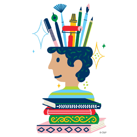 Boy head with paintbrushes sticking out of the top behind a stack of colorful books.