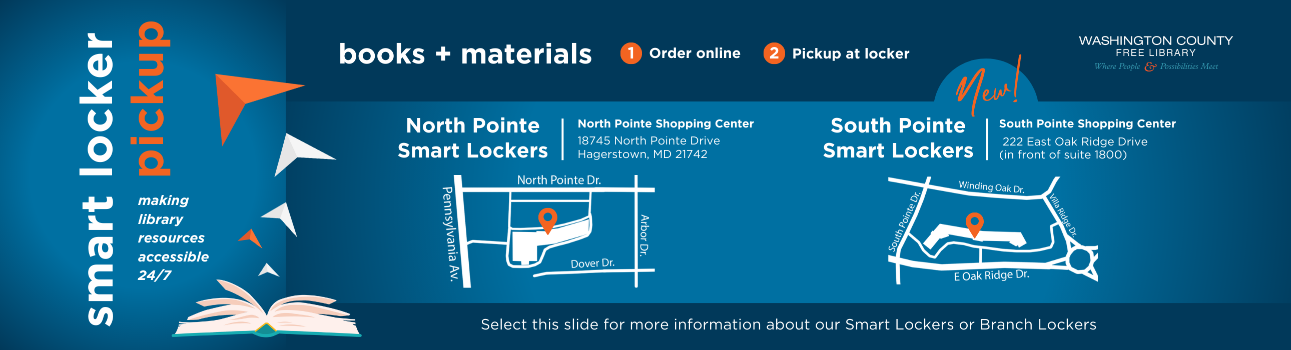 Smart locker pickup ad that displays a map of the North Pointe locker location and map of South Pointe locker location.