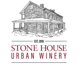 Line drawing of stone house with wraparound porch and stone house urban winery in red lettering below