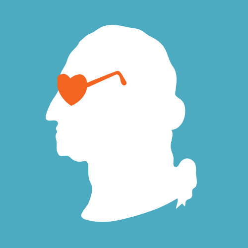 Solid white profile of George Washington with orange heart glasses on.