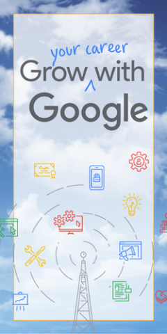 Cloudy sky with white transparent block in foreground, Grow with Google logo, and antenna with waves going out to different colorful icons of technology and media types