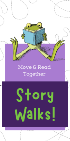 Frog reading a book on top of purple boxe with green StoryWalk title and pathway dots in different patterns behind