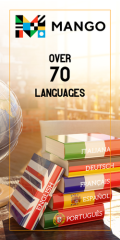 Stack of text books with flags and language names on spines in front of globe and Mango Languages logo at top