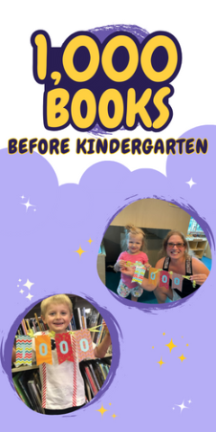 1000 books logo in yellow bubble letters with purple clouds below showing a boy holding up a sign that says 1,000 and a little girl holding up another 1,000 banner with her caregiver