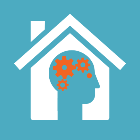Blue background with white silhouette of a house and a blue head with orange gears inside.