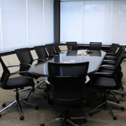 Room with shades drawn over large windows with oval table and office chairs around it.