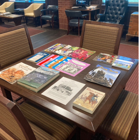 Table with books and resources organized on top.