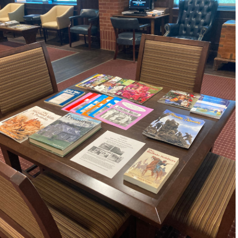 Table with books and resources organized on top. 