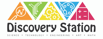 Discovery Station logo - 5 colorful triangles each with a science theme in triangle