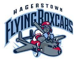 Hagerstown Flying Boxcars logo - boxcar plane with mascot riding plane holding a bat