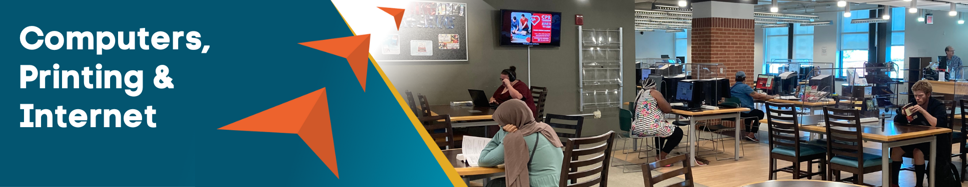 Computers, Printing & Internet banner with three orange arrows pointing to image of adults sitting at computer tables.