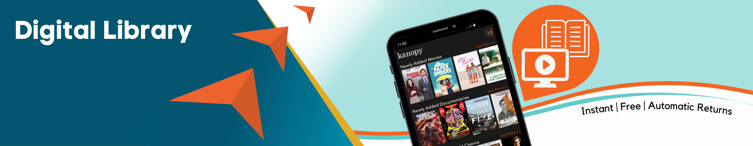 Digital Library banner with orange arrows pointing to cell phone next to movie and book icons. 