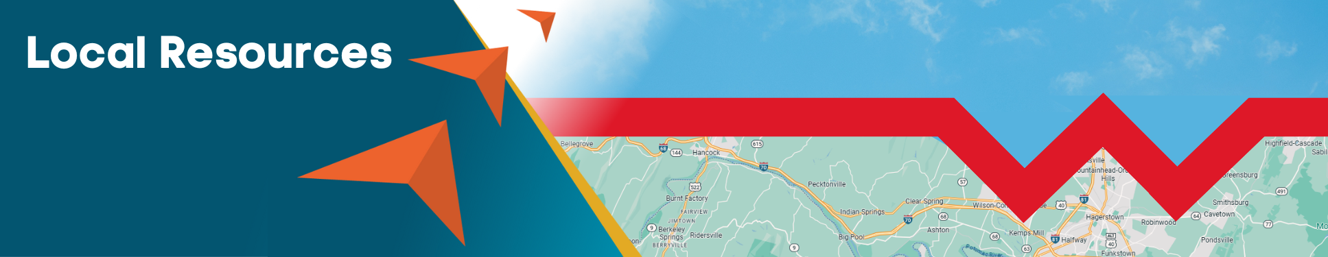 Local Resources banner with three orange arrows pointing to blue sky and map below divided by a red line and W.