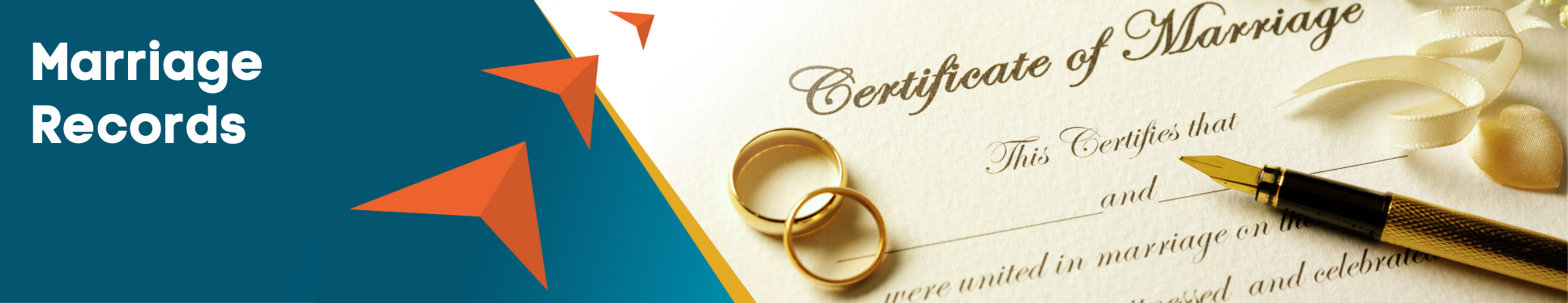 Marriage Records banner with three orange arrows pointing to a marriage certificate with two rings and pen.