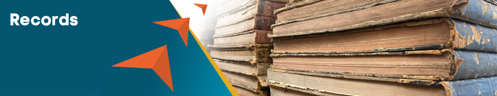 Record banner with three orange arrows pointing to old, tattered books in a stack.