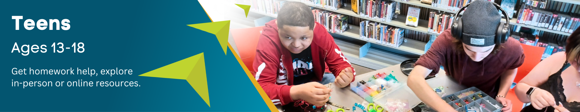 Teens sitting at a table crafting with beads in the library.