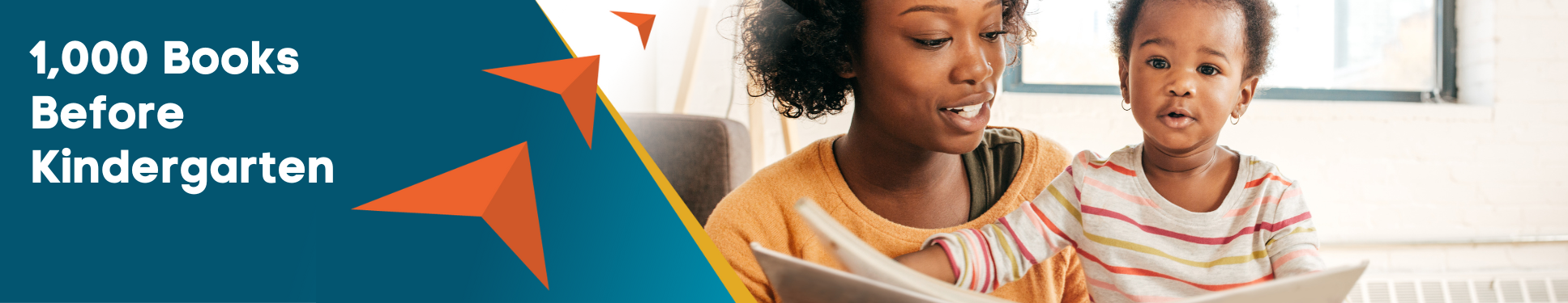 Banner with black woman reading a book next to a happy child in a bright living room