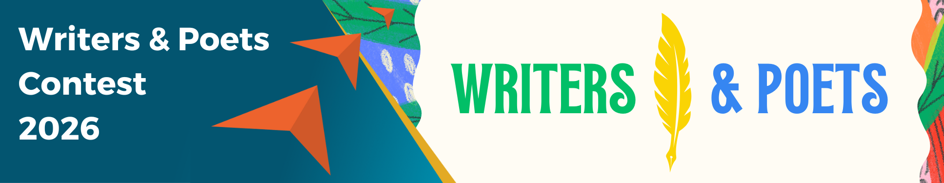 Writers and poets contest text on left with blue background and three triangles looking like they are flying up toward the right.