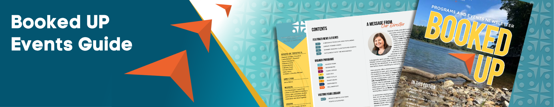 Newsletter banner with three orange arrows pointing to open booklet titled "Booked UP".