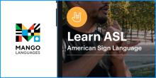 Mango Languages logo with text Learn ASL with man in background
