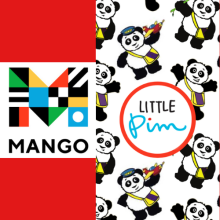 multiple Panda drawings wearing a satchel. Little Pim with Mango logo
