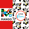 multiple Panda drawings wearing a satchel. Little Pim with Mango logo
